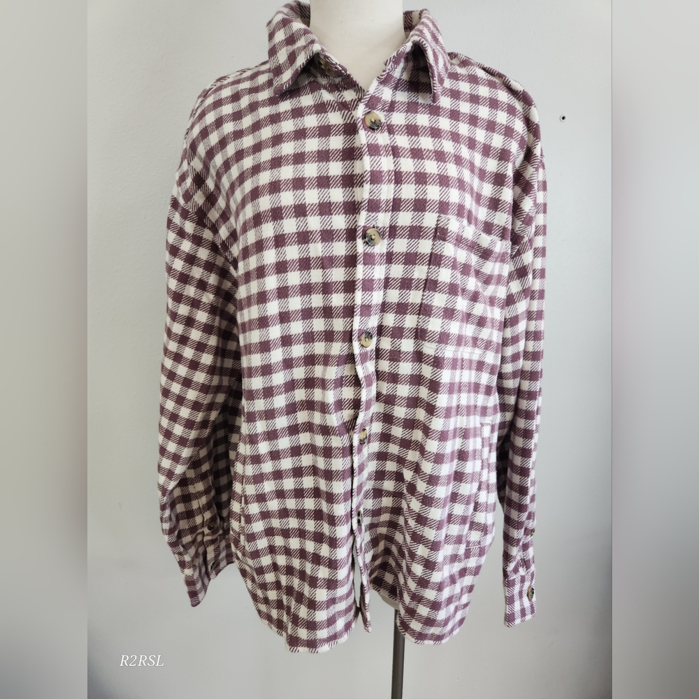 Goodfellow Heavy Flannel Button Up Cream/Maroon Plaid Long Sleeve Mens L NWOT